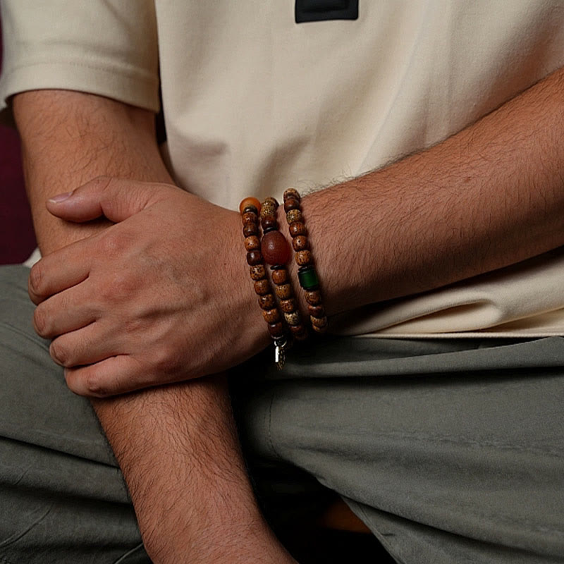 Buddha Stones tibetano Bodhi semilla ámbar Dzi cuentas ágata Zakiram diosa de la riqueza cuentas Triple envoltura pulsera