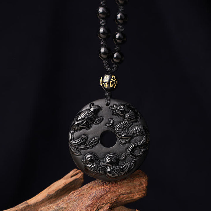 Buddha Stones Obsidiana Negra Dragón Fénix Pato Mandarín Collar de Protección de la Suerte Colgante