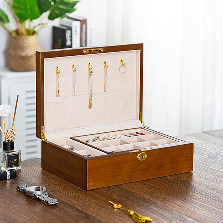 Caja de joyería de madera vintage con Buddha Stones, caja de almacenamiento de joyería de madera maciza de dos capas