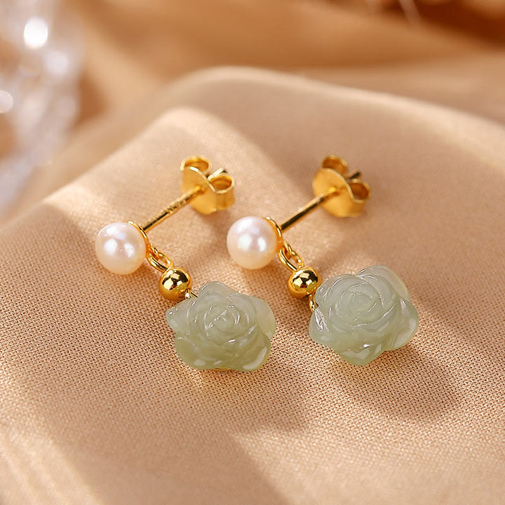 Pendientes de la suerte con perlas de jade cian y flor de rosa de jade chapado en plata de ley 925 con Buddha Stones