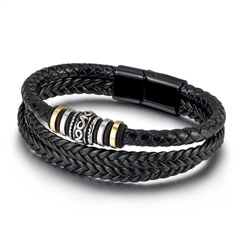 Pulsera trenzada con equilibrio de acero y titanio en capas de cuero con Buddha Stones