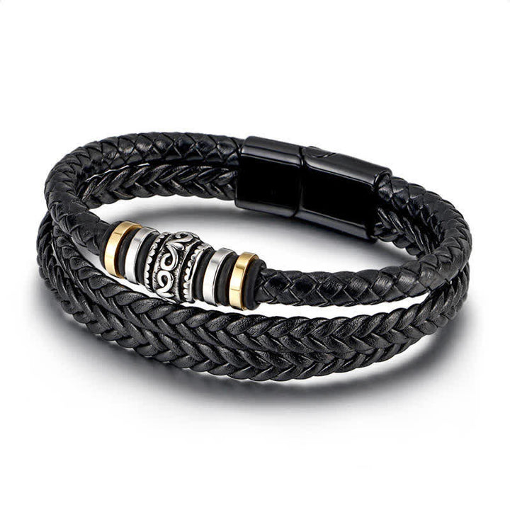 Pulsera trenzada con equilibrio de acero y titanio en capas de cuero con Buddha Stones