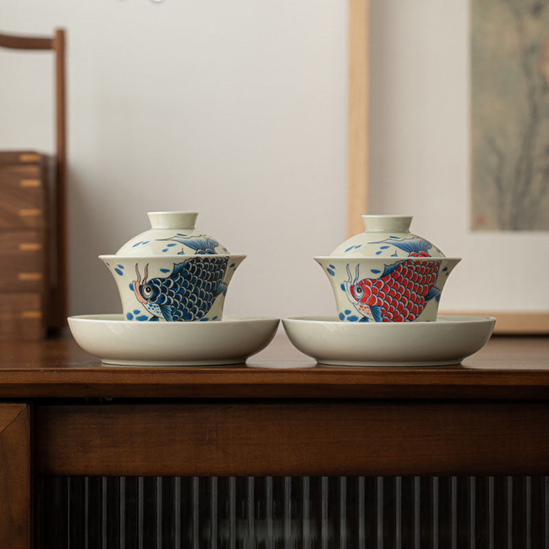 Buddha Stones Koi Arowana cerámica Gaiwan Sancai taza de té Kung Fu con tapa 130ml