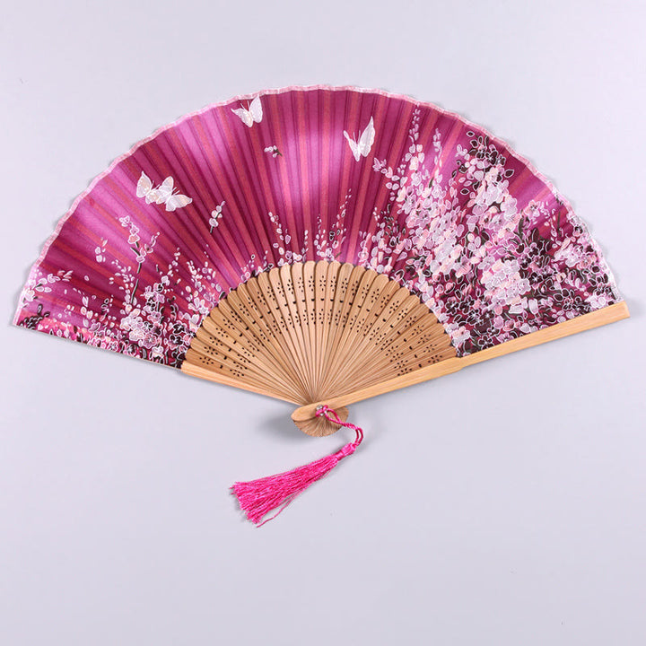 Abanico plegable de bambú de mano con flores de mariposa y Buddha Stones
