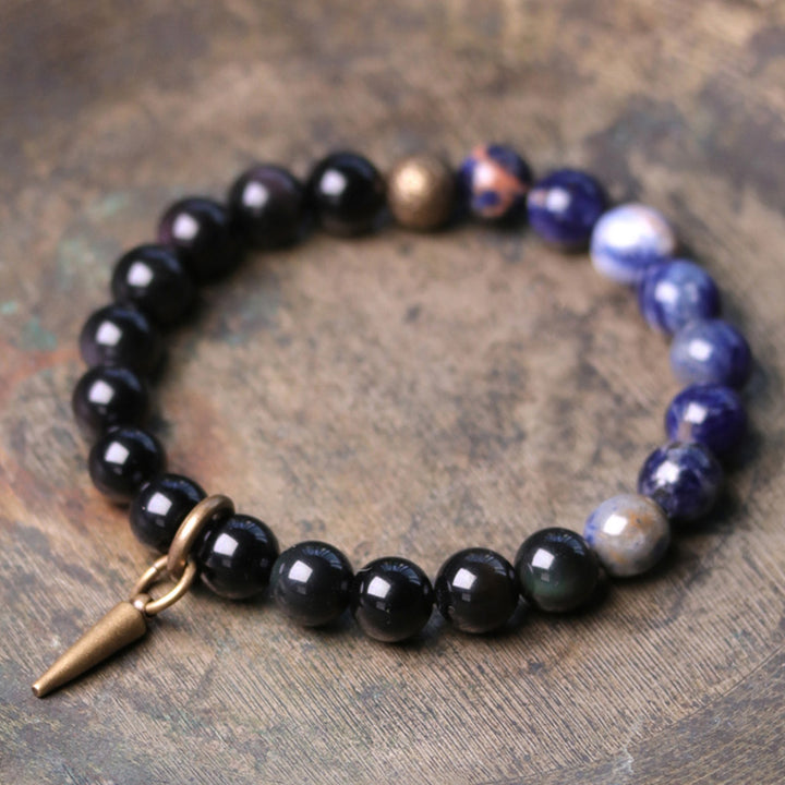 Pulsera de pareja de fuerza de cobre y cristal de sodalita obsidiana negra con Buddha Stones
