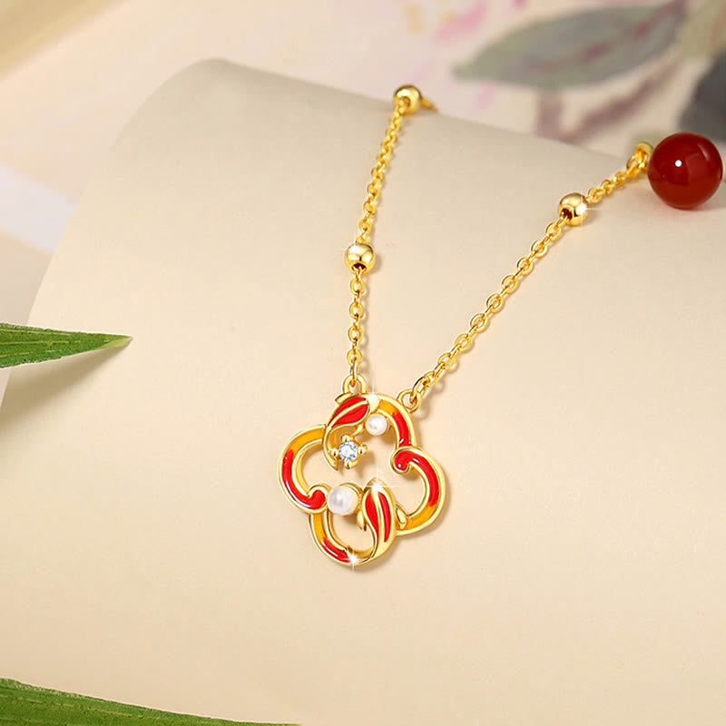 Juego de pendientes y collar con colgante de trébol de cuatro hojas, Plata de Ley 925, Buddha Stones , ágata roja, perla, riqueza