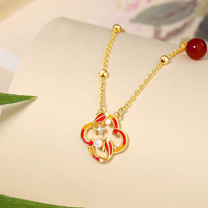 Juego de pendientes y collar con colgante de trébol de cuatro hojas, Plata de Ley 925, Buddha Stones , ágata roja, perla, riqueza
