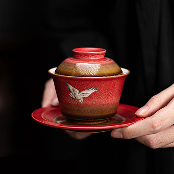 Taza de té y platillo con tapa, Gaiwan Sancai de cerámica con grulla roja, Buddha Stones, Kung Fu