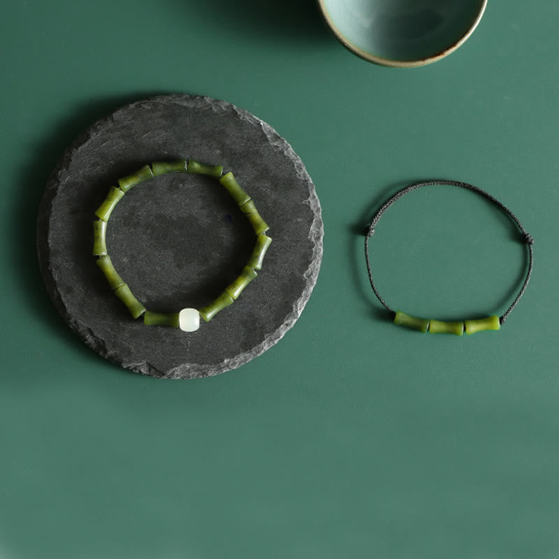 Pulsera de abundancia de suerte con patrón de jade de bambú verde con Buddha Stones