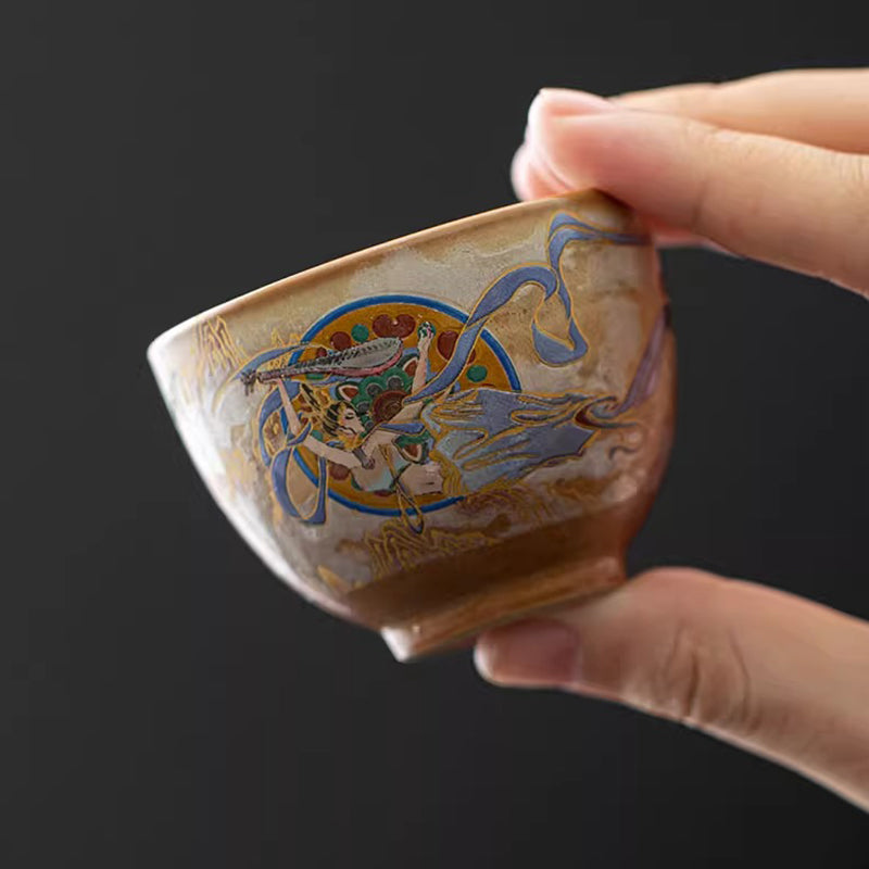 Taza de té de cerámica Gaiwan Sancai de Dunhuang Flying Apsaras con Buddha Stones, taza de té de Kung Fu con tapa