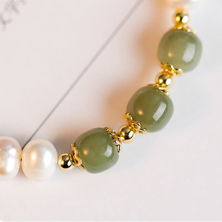 Pulsera de cadena de cuentas de sinceridad de jade blanco de jade cian hetiano con perlas naturales chapadas en oro de 14 quilates
