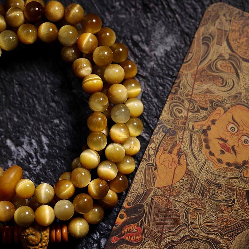 Pulsera con borlas de protección Dorje de cobre y ojo de tigre Natural, 108 cuentas de Mala , Buddha Stones