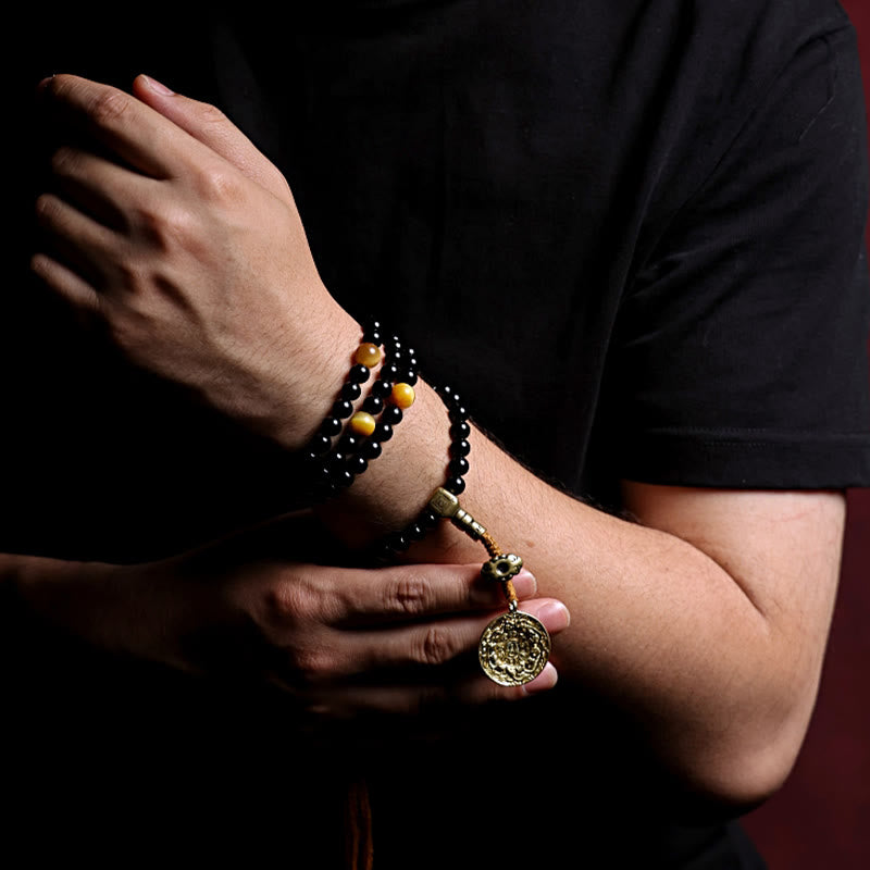 Buddha Stones tibetanas 108 cuentas de Mala ónix negro cuentas de ojo de tigre pulsera de protección Bagua de nueve palacios