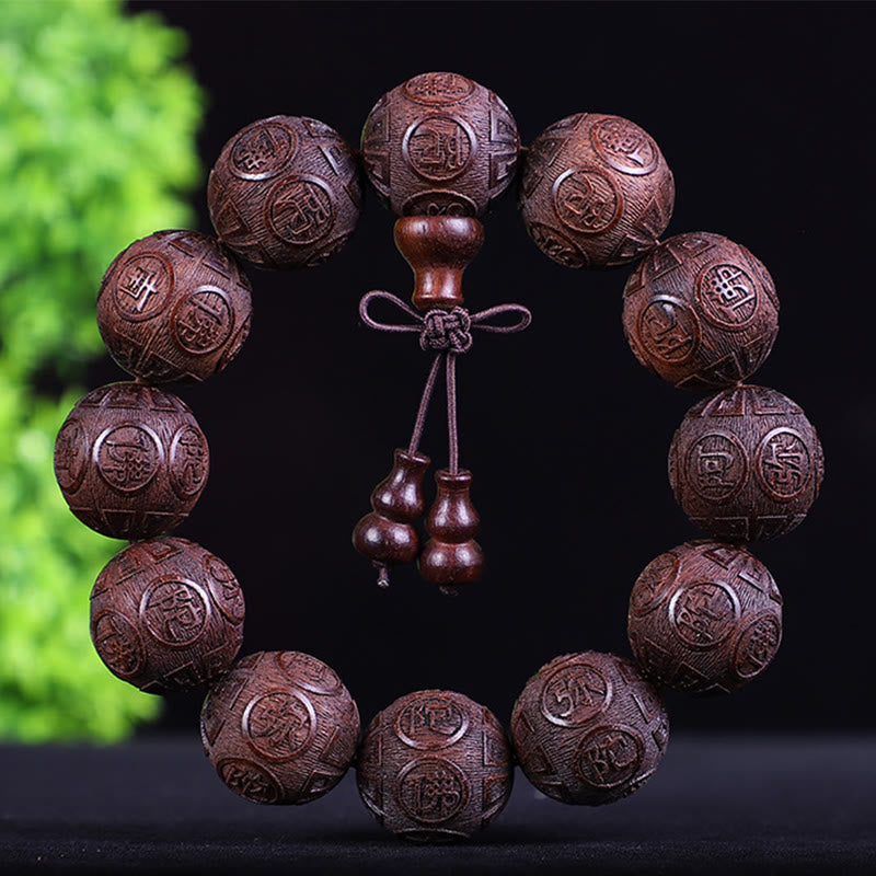 Pulsera de calidez tallada con monedas de cobre, ébano y palisandro del zodiaco chino con Buddha Stones y Pixiu
