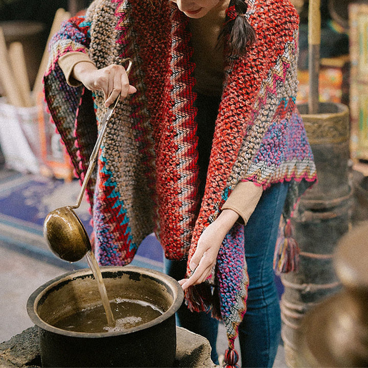 Buddha Stones, capa cálida tejida, bufanda tibetana con borlas