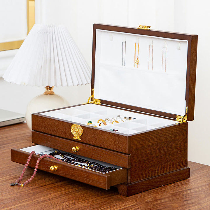 Caja de joyería de madera retro con Buddha Stones, caja de almacenamiento de joyas de tres capas