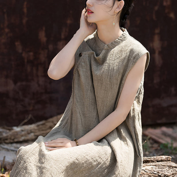 Vestido midi teñido anudado hecho a mano con Buddha Stones Vestido sin mangas de lino