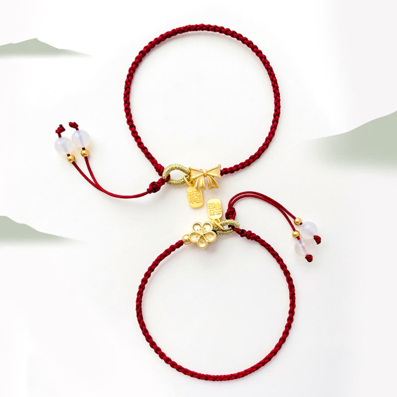 Buddha Stones hechas a mano, flor de melocotón, roseta, lazo, nudo Fu, amuleto, suerte, pulsera de cuerda roja