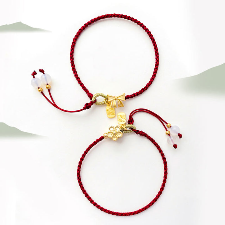 Buddha Stones hechas a mano, flor de melocotón, roseta, lazo, nudo Fu, amuleto, suerte, pulsera de cuerda roja