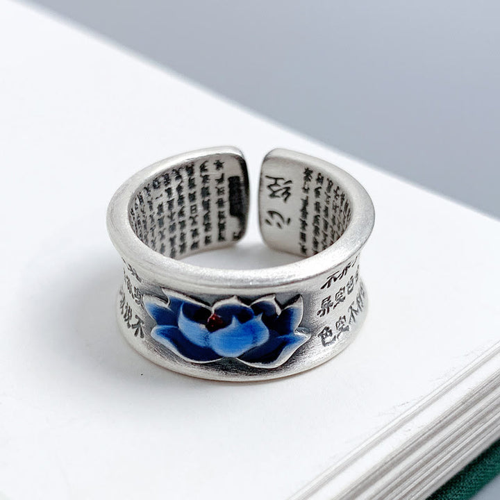 Anillo de iluminación con patrón grabado de Sutra de corazón de flor de loto azul con Buddha Stones