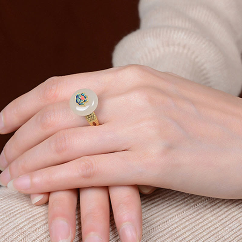 Juego de pendientes de anillo de la suerte de loto de jade hetiano chapado en plata de ley 925 con Buddha Stones