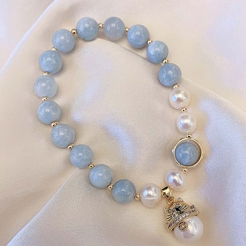Pulsera con dije de gato de la suerte, curación de la paz, perlas de aguamarina, Buddha Stones - image 2