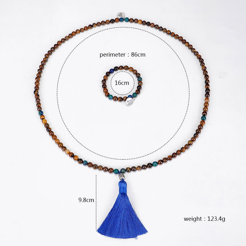Buddha Stones 108 cuentas Mala, ojo de tigre, pulsera de fuerza de Buda, colgante de collar con borlas