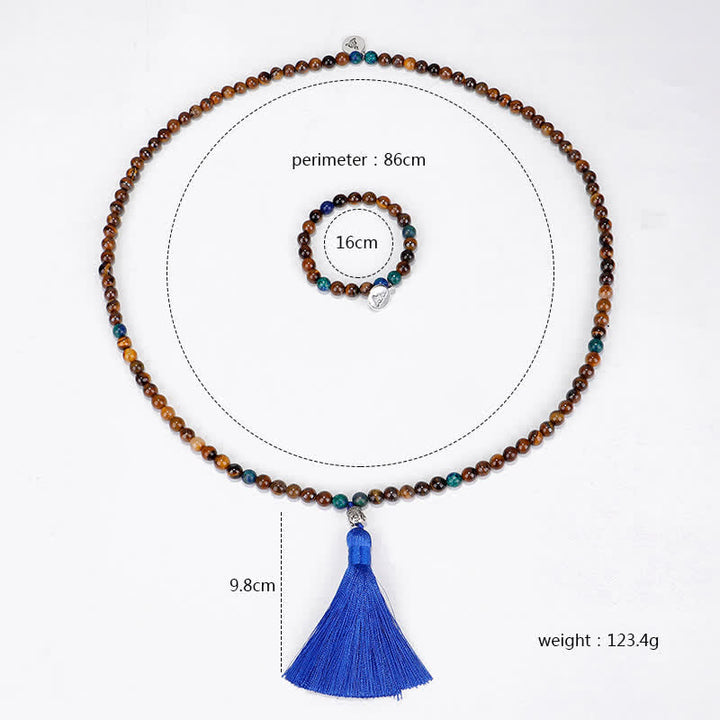 Buddha Stones 108 cuentas Mala, ojo de tigre, pulsera de fuerza de Buda, colgante de collar con borlas