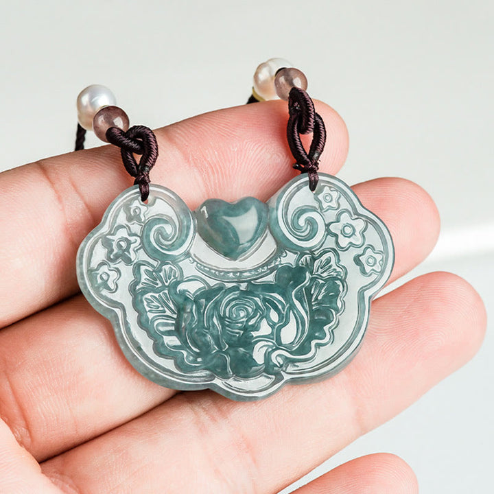 Buddha Stones Natural Jade Peonía Flor Candado de Buenos Deseos Prosperidad Collar Colgante
