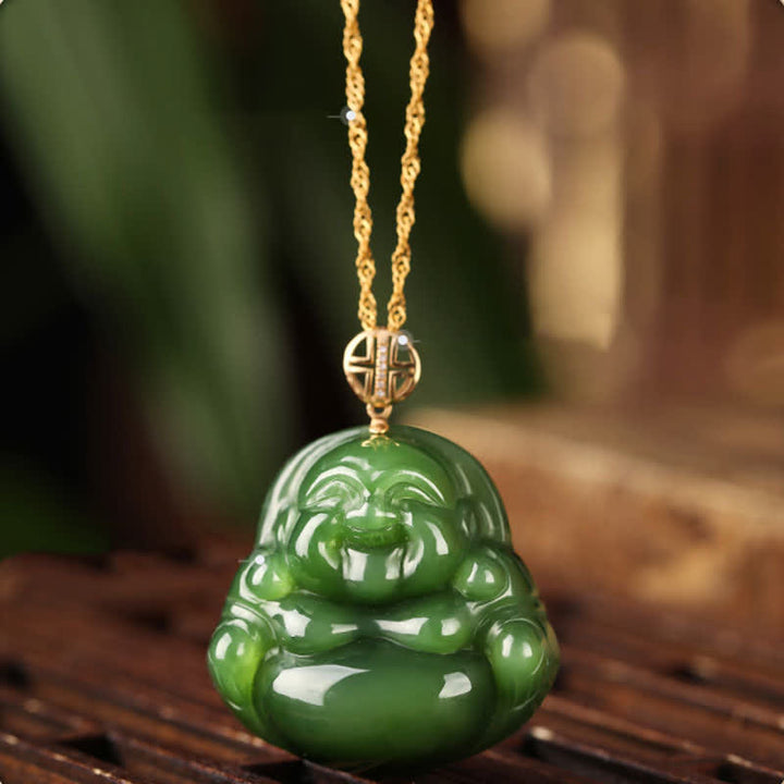 Colgante de cadena de collar de éxito de oro de 18 quilates con jade cian hetiano de Buda sonriente de plata de ley 925 - Jade Cian Hetian (Éxito ♥ Curación) - image 1
