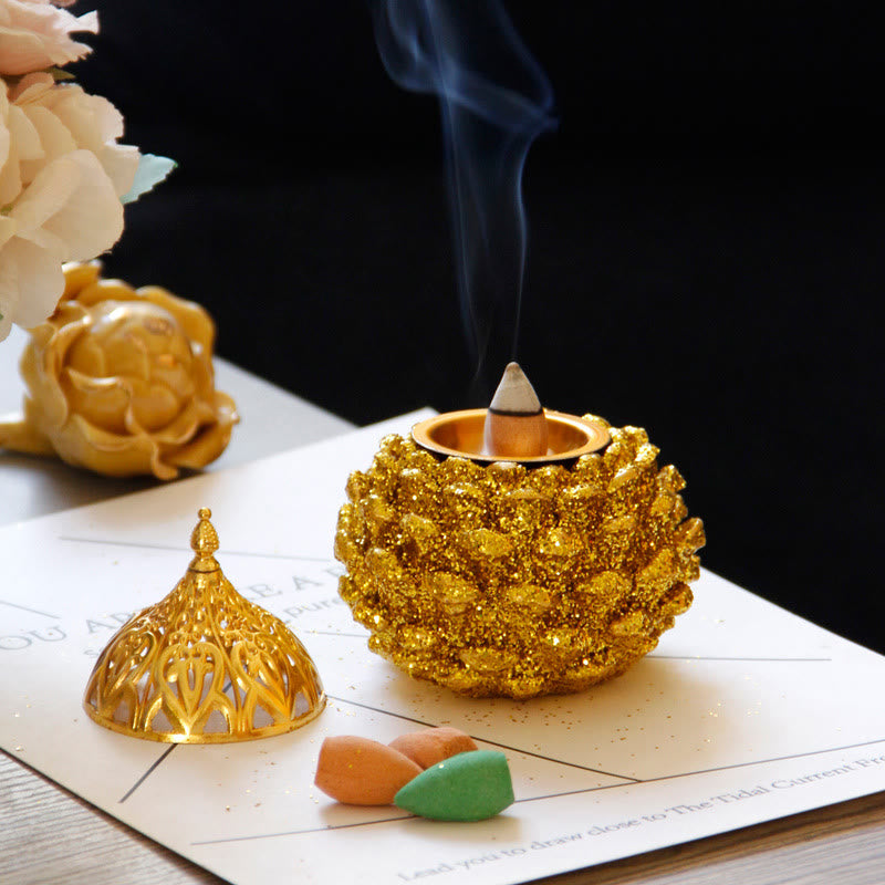 Mini quemador de incienso con diseño de cono de pino dorado, decoración de mesa para el hogar, rituales espirituales