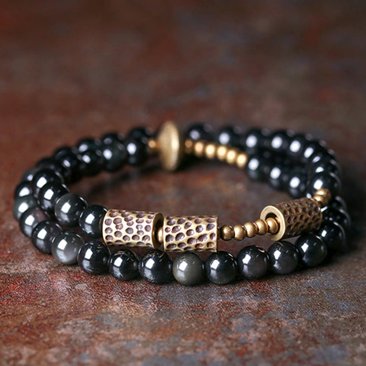 Pulsera de doble vuelta de cobre y obsidiana arcoíris con Buddha Stones