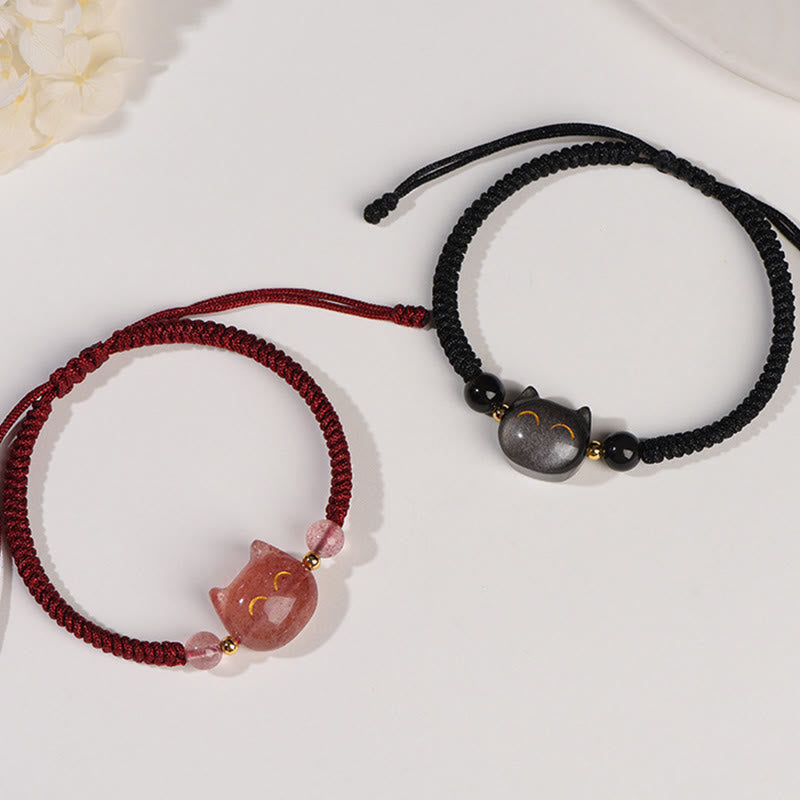 Buddha Stones hechas a mano, plata Natural brillante, obsidiana, cuarzo fresa, pulsera trenzada de protección de gato lindo - image 2