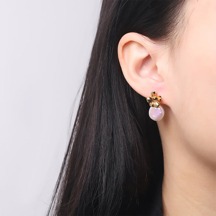 Pendientes colgantes curativos de flores de perlas barrocas naturales de plata de ley 925 con Buddha Stones