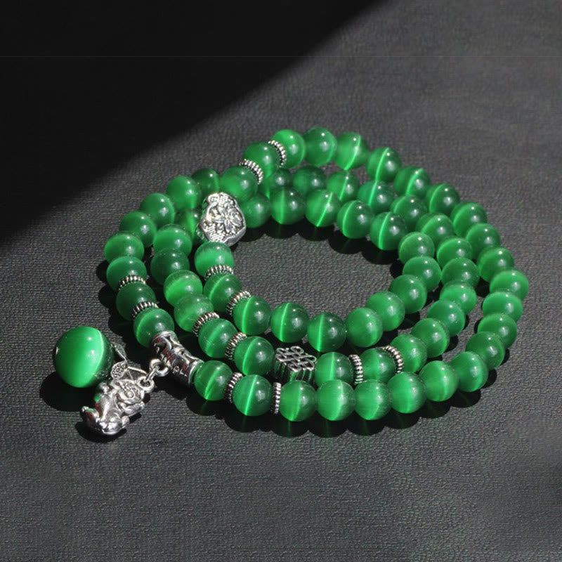 Pulsera de triple vuelta con soporte PiXiu de ojo de gato y Buddha Stones