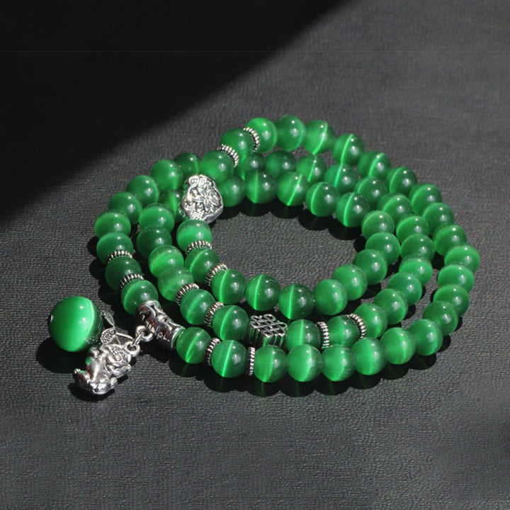 Pulsera de triple vuelta con soporte PiXiu de ojo de gato y Buddha Stones