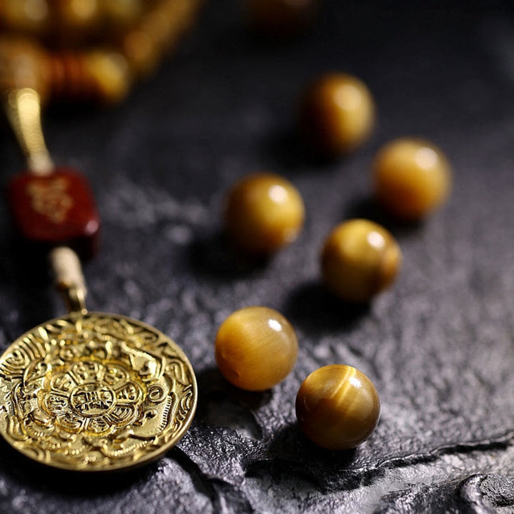 Pulsera con borlas de protección Dorje de cobre y ojo de tigre Natural, 108 cuentas de Mala , Buddha Stones