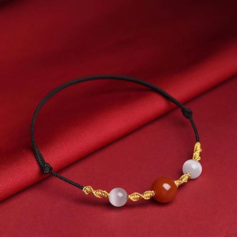 Buddha Stones roja natural Ojo de gato Calma Cadena trenzada Pulsera Collar Colgante - Pulsera de cuerda negra de ágata roja y ojo de gato (circunferencia de muñeca: 13-19 cm) - image 2