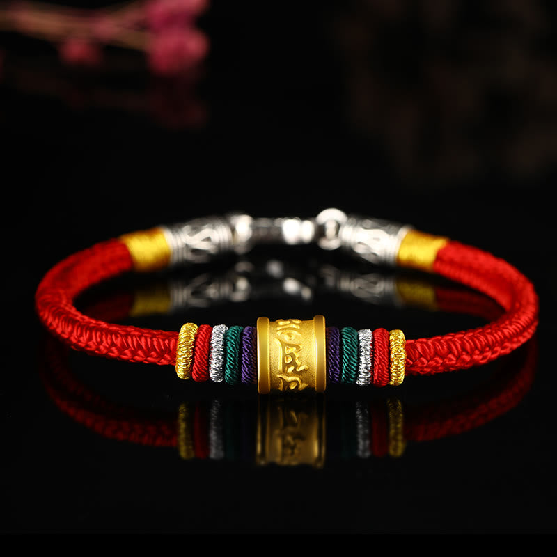 Buddha Stones Tíbet 999 oro Om Mani Padme Hum pulsera de la suerte hecha a mano con ocho hilos y nudo de la paz - Nudo redondo perfecto, hebilla plateada, cuerda roja - 19 cm - image 18