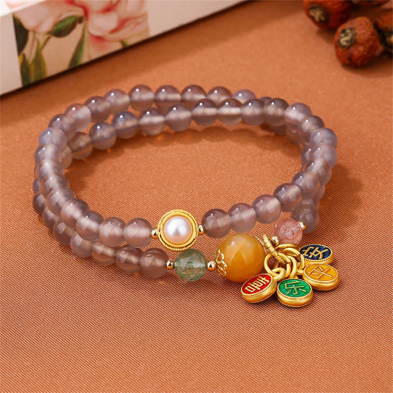 Pulsera de doble vuelta con dije de paz y alegría de ágata gris natural con Buddha Stones