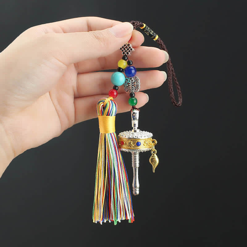 Tíbet Om Mani Padme Hum rueda de oración borla bolsa decoración colgante de coche