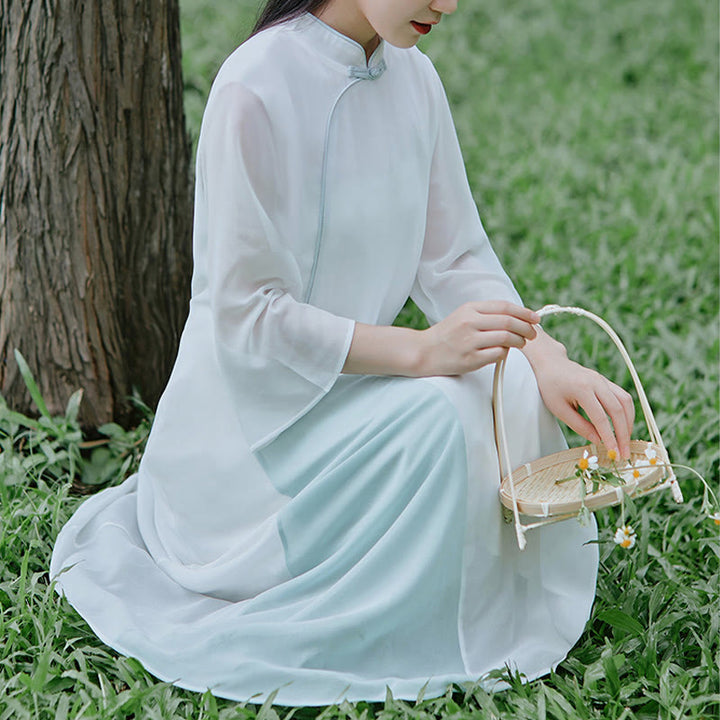 Vestido midi Cheongsam de gasa con manga tres cuartos y Buddha Stones , pantalones de pierna ancha, ropa de práctica Zen para meditación