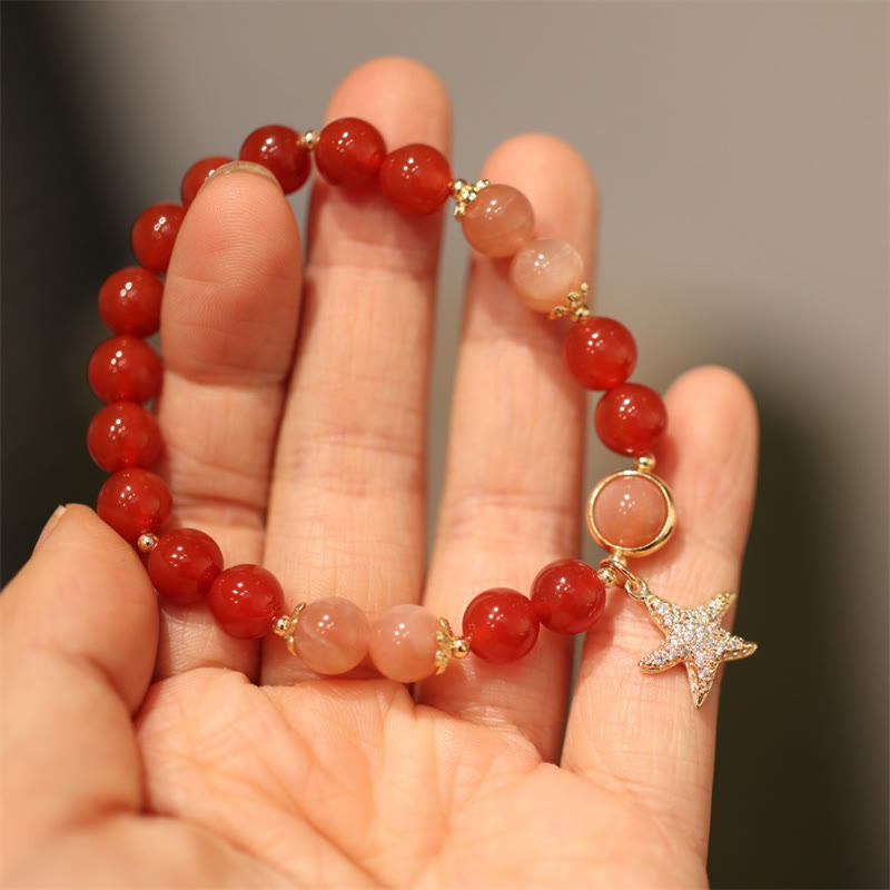 Pulsera de riqueza de estrella de cristal de ágata roja, piedra lunar, melocotón, piedra solar