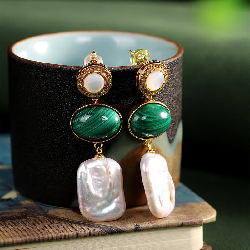 Pendientes colgantes de sabiduría curativa de malaquita, Perla Barroca Natural de Plata de Ley 925 con Buddha Stones