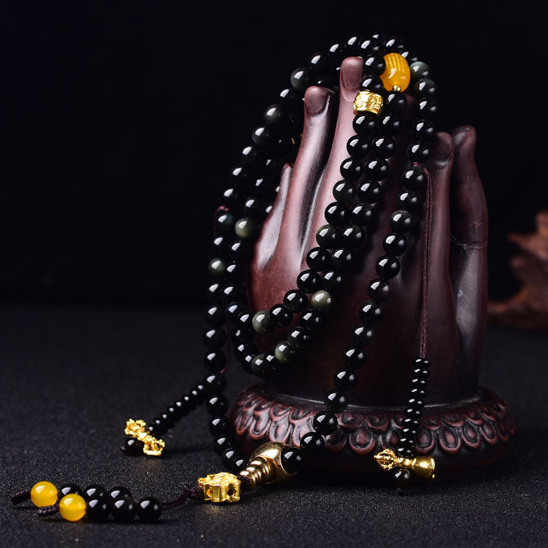 Pulsera Mala de cumplimiento de loto de obsidiana negra natural con 108 Buddha Stones
