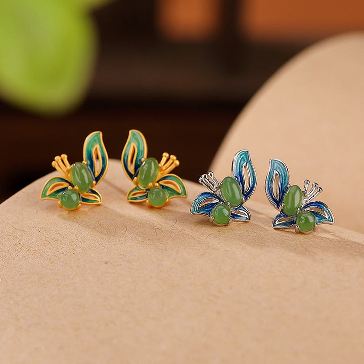 Pendientes curativos de la suerte de mariposa de jade cian natural chapado en plata de ley 925 con Buddha Stones
