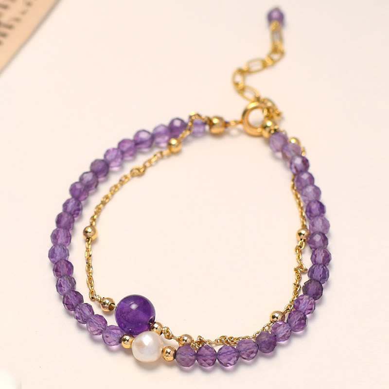 Pulsera de cadena de doble capa curativa con cristal de amatista chapada en oro de 14 quilates con Buddha Stones