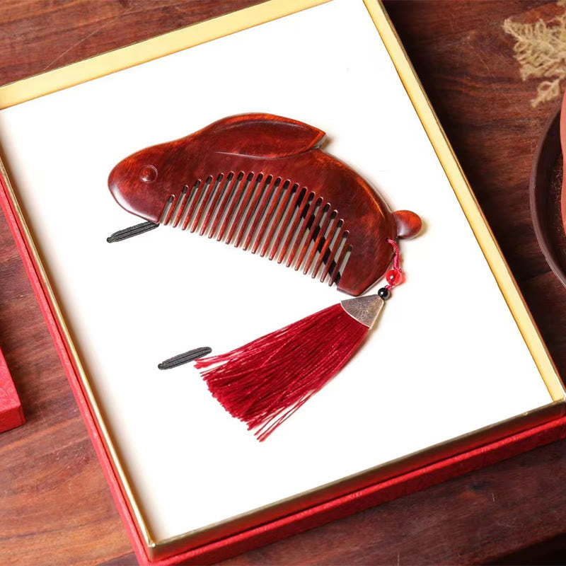 Peine calmante de conejo lindo conejito de sándalo rojo de hoja pequeña con caja de regalo