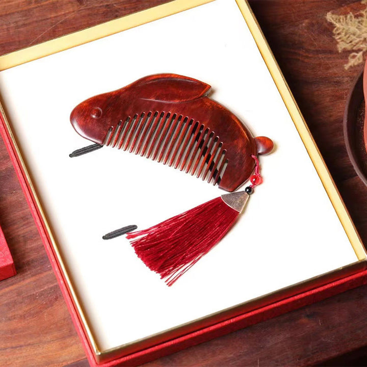 Peine calmante de conejo lindo conejito de sándalo rojo de hoja pequeña con caja de regalo