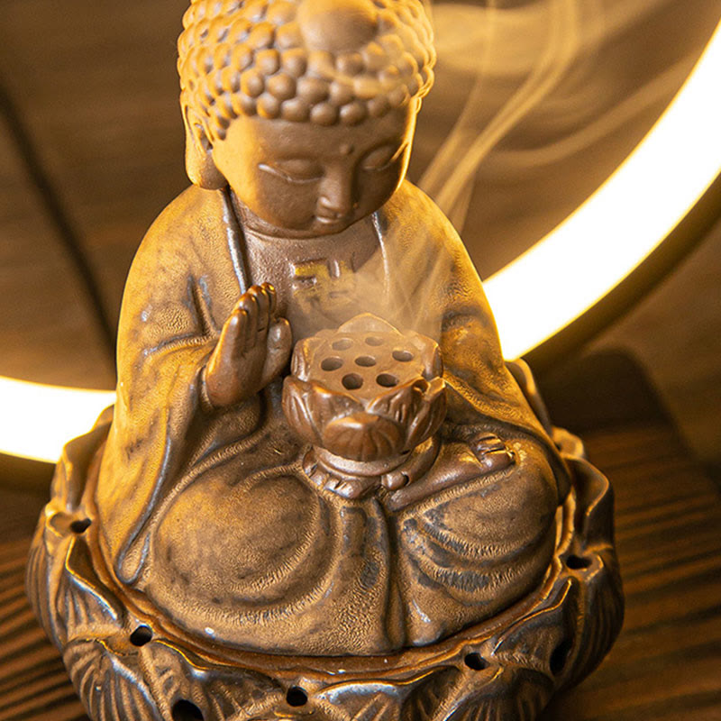 Quemador de incienso de bendición de cerámica con decoración de luz, fuente de humo de reflujo de loto de Buda , Buddha Stones